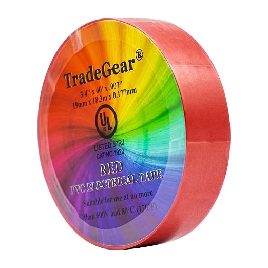 TradeGear Colored Electrical Tape - PVC General Purpose - Waterproof, Flame Retardant, Rubber Based Adhesive, UL Listed - Rated for Max. 600V and 80oC Use – 60’ x 3/4" x 0.07" (1 Pk Red)