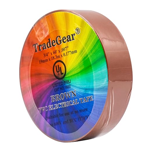 TradeGear Colored Electrical Tape - PVC General Purpose - Waterproof, Flame Retardant, Rubber Based Adhesive, UL Listed - Rated for Max. 600V and 80oC Use – 60’ x 3/4" x 0.07" (1 Pk Brown)