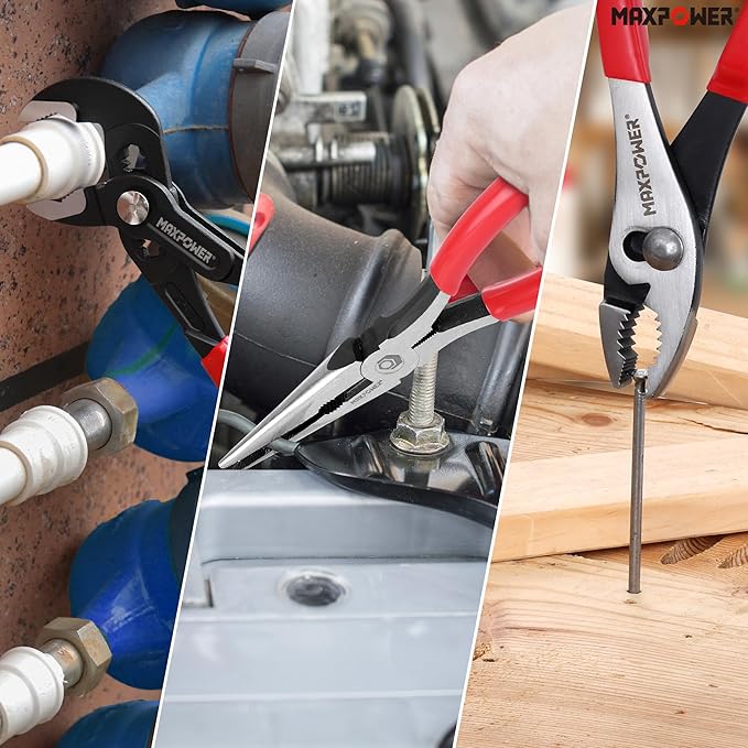 MAXPOWER 3-Piece Pliers Set, 10" Water Pump Pliers, 8" Slip Joint Plier, 8" Long Needle Nose, Adjustable Grip Tools for Repair, Home, and Workshop Use