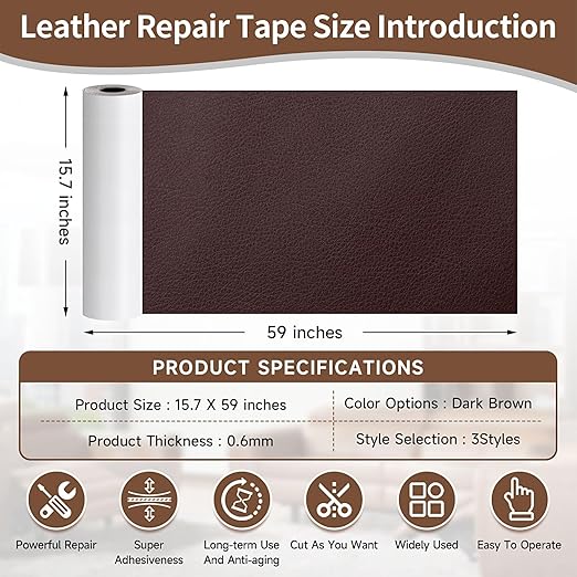 Dark Brown Leather Tape,15.7 x 59in self-Adhesive Leather Repair Patch, for car seat Repair, Vinyl Repair kit, Suitable for Sofas, Furniture, Seats,Strong Adhesive Leather Repair Tape