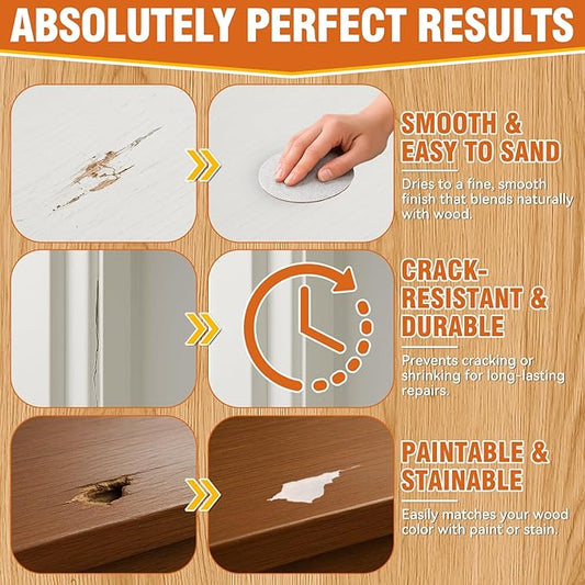 Wood Filler, 7.76 oz Paintable & Sandable Wood Putty –Low Odor, Shrink & Crack Resistant-Quick Repair for Cracks, Holes and Damage-For Indoor & Outdoor Wood Repair(White)