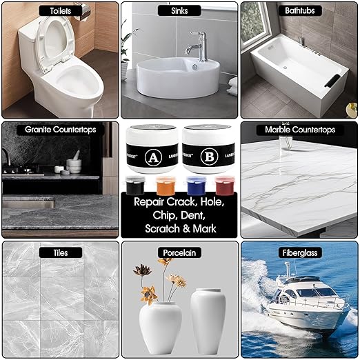 LANBOKIT Tile & Fiberglass Tub Repair Kit(Color Matching), Porcelain Sink Repair Kit, Countertop Repair Kit for Granite, Marble, Quartz, Ceramic & Shower Repair Kit for Chips, Cracks, Scratches, Holes