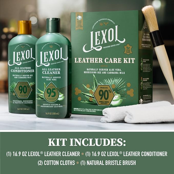 Lexol All Leather Care Kit - 5-Piece Natural Leather Cleaner & Conditioner with Aloe Vera, Bee Milk, Cloths & Brush for Car Seats, Furniture, Jackets, Bags & Boots, Gift for leather lovers