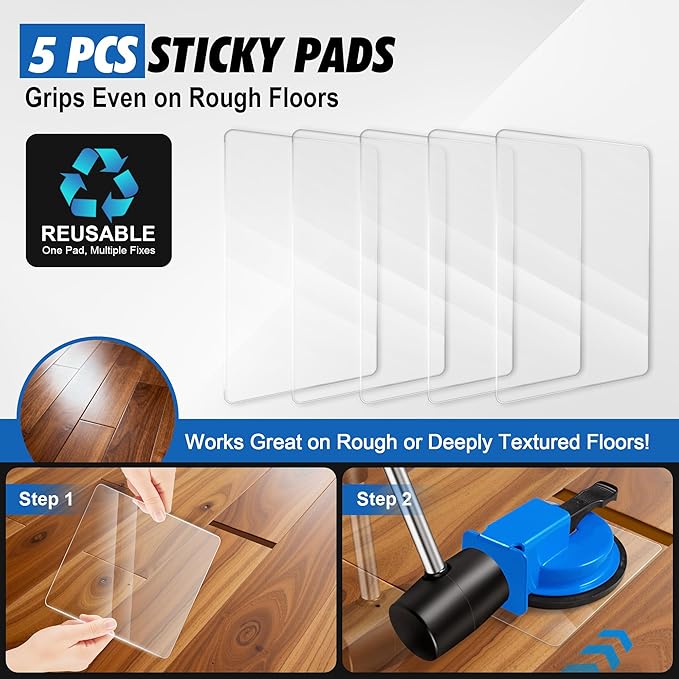 Floor Gap Fixer Tool with Rubber Mallet, Iron Body & Strong Suction Cup, Includes 5 Sticky Pads for Laminate, Vinyl, Wood & Tile Flooring Installation and Repair