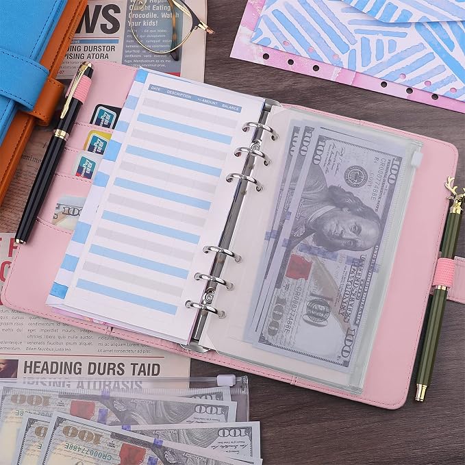 Antner A6 PU Leather Notebook Binder 6 Ring Refillable Budget Binder Cover for A6 Refill Paper, Loose Leaf Personal Planner Organizer with Magnetic Buckle for School, Office, Travel & Photocard, Pink