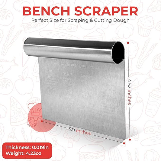 Bench Scraper for Baking, Food Scraper Stainless Steel Blade Dough Cutter with Engraved Measuring Guide & Equivalent Chart, Scraper Tool kitchen Use for Scrapping, Cutting, Chopping, 2 Pack -by RamPro