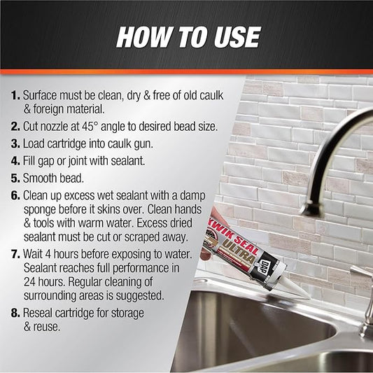 Kwik Seal Ultra Advanced Kitchen and Bath Siliconized Sealant, White, 10.1 Oz (7079818897)