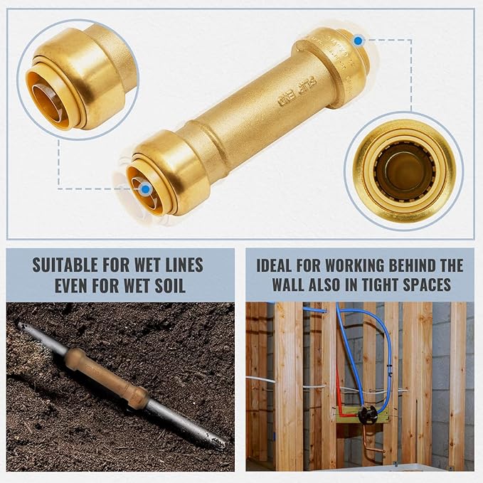 SUNGATOR 3/4 Inch Slip Coupling, Fatest Way for Emergency Repair and Leaks Fix, No Lead Brass Push-to-Connect Plumbing Fittings for PEX Pipe, Copper, CPVC, PE-RT, With 1 Disconnect Clip, Pack of 6