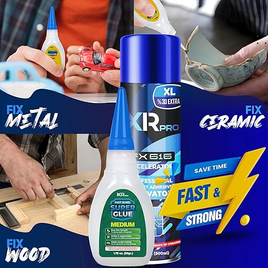 CA Glue with Activator Kit 1.75 oz Medium Viscosity Cyanoacrylate Glue 16.9 oz Activator Spray Heavy-Duty SuperGlue for Gap-Filling, Wood, Metal, Plastic, Furniture Repair, Vertical, Overhead Surface