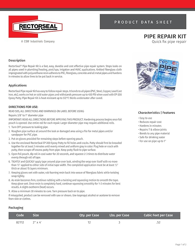 RectorSeal Pipe Repair 82112 Pipe Repair Kit, Easy Application, Plumbing, Repairs 1" and 450 psi