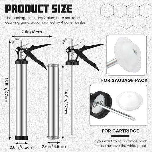 Lasnten 2 Pack Sausage Caulk Gun 20 oz Aluminum Sausage Caulking Gun Cordless Caulk Gun with 4 Cone Nozzles, 18: 1 Thrust, Aluminum Sealant Hand Caulk Gun Kit for Contractors