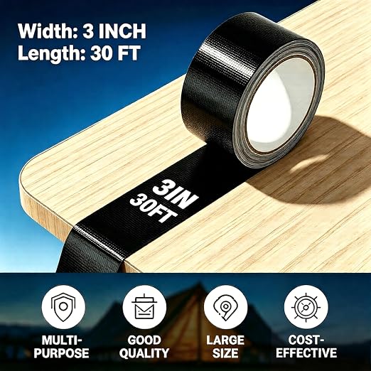 Waterproof Repair Tape, UV Resistant Fabric Patch for Outdoor Use, Suitable for RV Roof, Awning, Tent, Tarp, Boat Cover, Nylon, Leather, Black, 3 Inch x 30FT