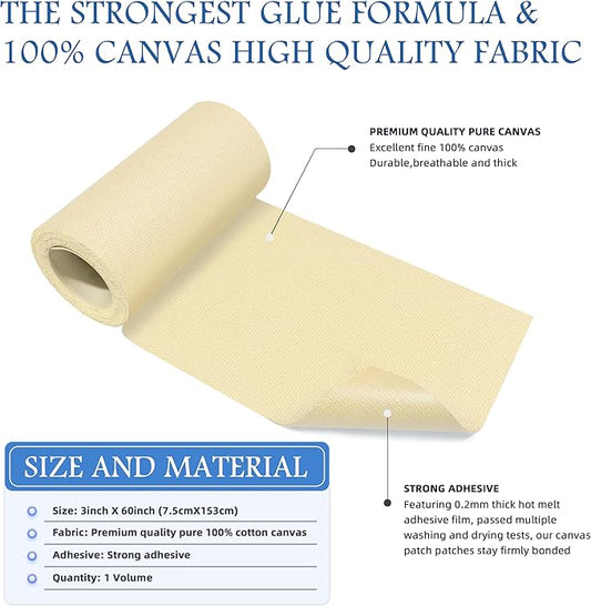 KING MOUNTAIN Canvas Iron on Patch,3"×60",Waterproof 100% Cotton Fabric Repair Patch,Used for Various Sofa,Tent,Clothes,Seats,Suitcases ( Beige 3.0)