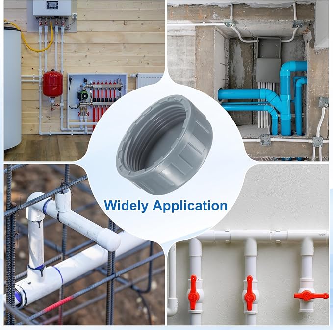 uxcell 5Pcs 1-1/2 Inch PT Female Thread PVC Pipe Fitting Cap, Cleanout Water Drain End Caps, Pipe Plug Socket Fittings with Tape for Water Heater Supply Lines, Plumbing, Gray