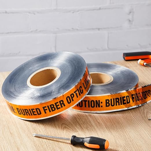 Pangda 2 Rolls "Caution Buried Fiber Optic Line Below" 2 Inch x 1000 Feet Detectable Safety Tape 5 Mil Underground Detectable Warning Tape for Construction Sites Road Repairs Caution