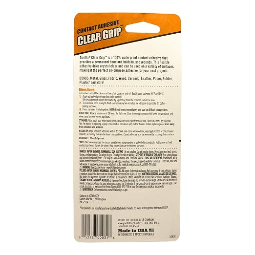 Gorilla Clear Grip Waterproof Contact Adhesive; Fast-Setting; Waterproof; Flexible; Permanent Bond; 3 Ounce Tube; Crystal Clear (Pack of 6)