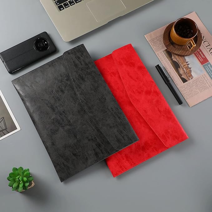 PU Leather A4 File Folder Document Holder Stylish Portfolio Envelope Folder Case with Snap Closure for Receipt Contract Black