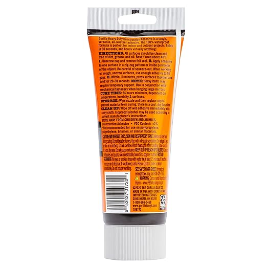 Gorilla Heavy Duty Construction Adhesive, White Glue, 7 Ounce Squeeze Tube (Pack of 1) - Gap Filling and Waterproof