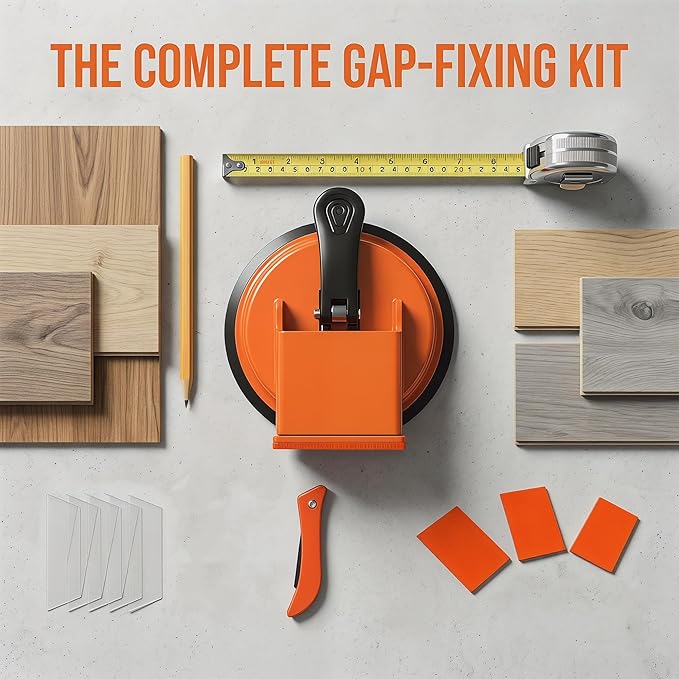 Floor Gap Fixer Tool Kit, Heavy Duty Suction Cup Floor Repair Tool for Laminate/Vinyl/Tiles, Includes 5 Adhesive Stickers, 3 Cushion Pads & 1 Seam Knife