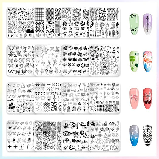 Biutee Nail Stamping Plates 16PCS Nail Stamping Kit with 8 Nail Stamping Gel Polish, 1 Nail Stamper Scraper & Storage Bag, Nail Stamp Kit Flower Butterfly Animal Design for Beginners & Nail Lovers