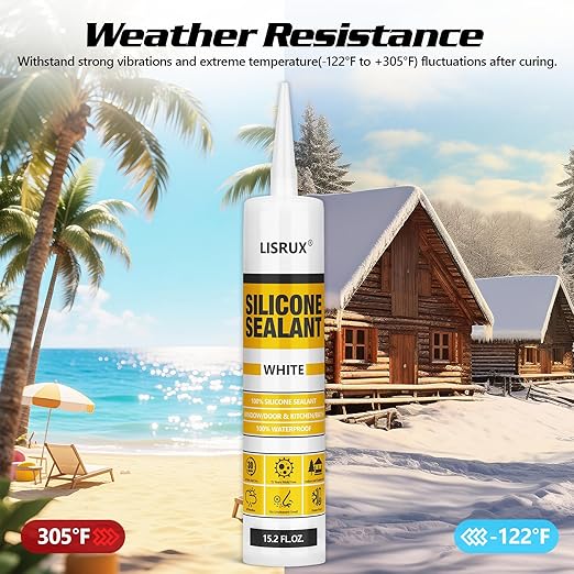 LISRUX Advanced Silicone Caulk for Window & Door, White, 15.2 fl oz Cartridge, 1 Pack - 100% Waterproof Silicone Sealant Indoor Outdoor Caulking, UV Resistant, Stronger Adhesion, Shrink & Crack Proof