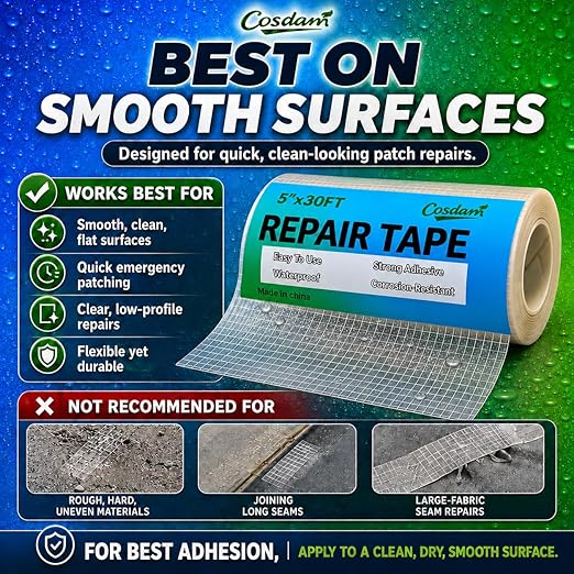 Clear Heavy - Duty Waterproof Vinyl Repair Tape (30ft x 5") for Fabric Boat Covers, Canvas Tents, Pop - Up Campers, RV Awnings, Tarps, Canopies and Sails (Clear)