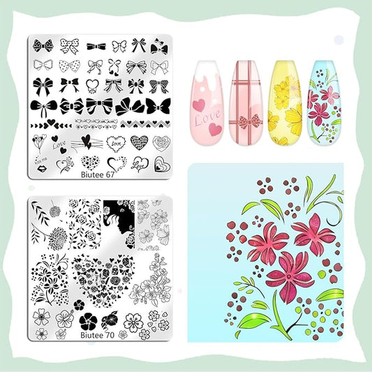 Biutee 16PCS Nail Stamping Plates Nail Stamper Kit with Nail Stamper, Scraper & Storage Bag, Nail Stamping Kit Nail Art Stamping Plates with Butterfly Flower Leaf Bowknot Design for DIY Nail Art