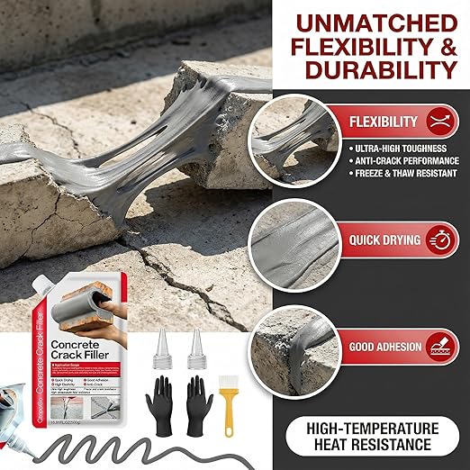 Concrete Crack Filler 6-Pack 6.6LB Grey, Self-Leveling High Elasticity Cement Sealant, Waterproof Repair Caulk for Driveway, Patio, Sidewalk, Garage, Basement– Professional-Grade Durability
