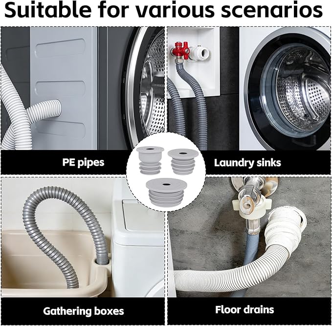 3pcs Washing Machine Drain Hose Seal, Silicone Washer Pipe Cover Plug Hose Adapter Sewer Drain Seal for Kitchen Sink Floor Pipe Bathroom Drainage Laundry Room