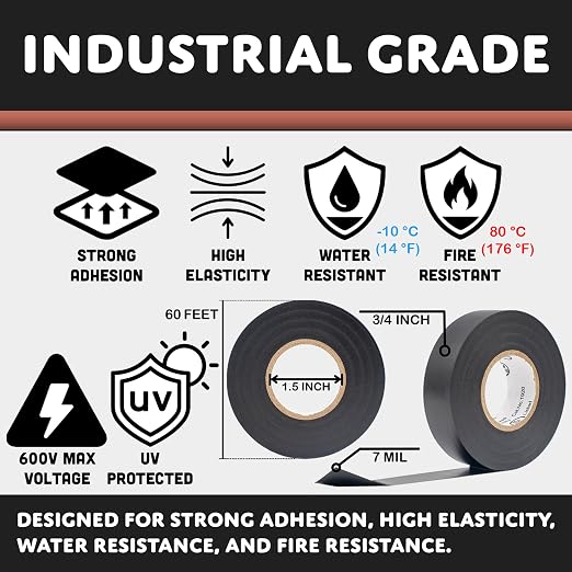 TradeGear Colored Electrical Tape - PVC General Purpose - Waterproof, Flame Retardant, Rubber Based Adhesive, UL Listed - Rated for Max. 600V and 80oC Use – 60’ x 3/4" x 0.07" (1 Pk Brown)