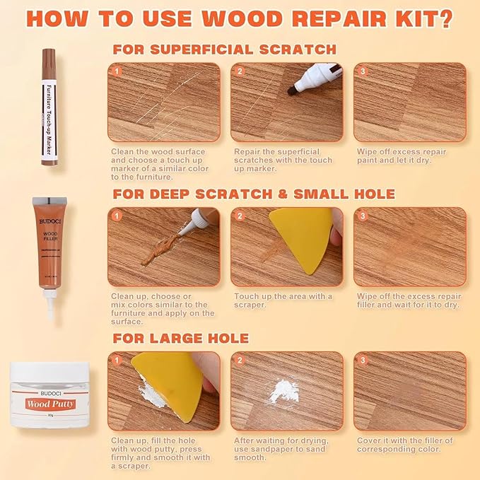 Light Wood Furniture Repair Kit, 4-Color Wood Scratch Repair Filler for Tables, Floors, Cabinets – Professional Fix for Cracks, Chips & Discoloration