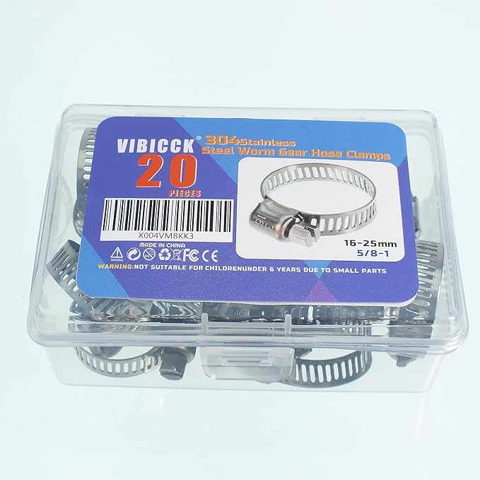 20PCS Hose Clamp Set 5/8-1'' 304 Stainless Steel Worm Gear Hose Clamps for Pipe, Intercooler, Plumbing, Tube and Fuel Line (20pcs 5/8-1/16-25mm)