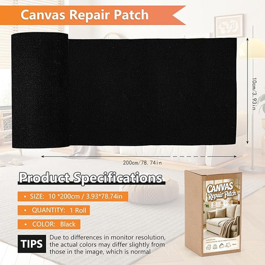 Canvas Repair Patch, 4x79 Inches Self-Adhesive Fabric Tape, Waterproof Canvas Fabric Patch Kit for Repairing Furniture, Cushion, Car Seat, Clothes, Tent, Backpack (Black)