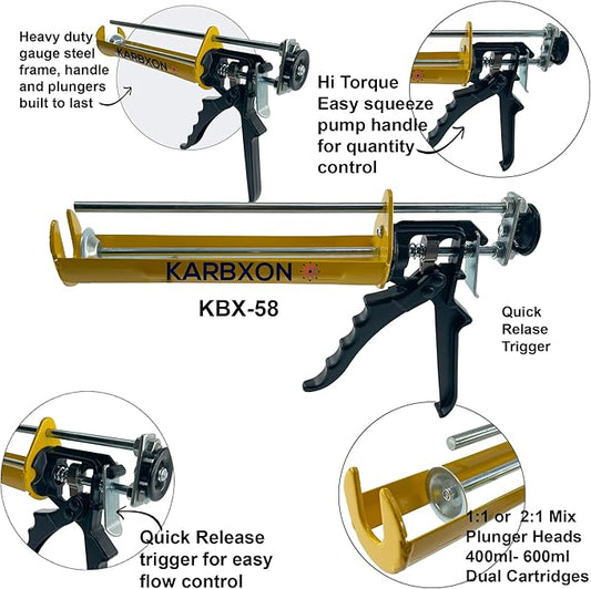 KBX58 Caulk/adhesive epoxy dispenser 400ml 3:1 mix 26:1 thrust ratio professional contractor grade heavy duty dual component & (9) piece caulk kit - Qty (1)