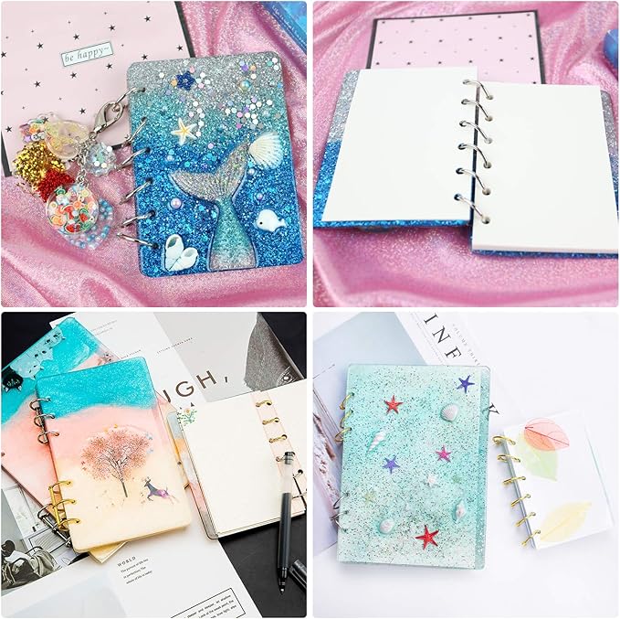 NiArt A4 Large Notebook Cover Epoxy Resin Silicone Molds A4,A5,A6,A7 Bookmark 40PCS Loose Leaf Binder Rings Kit DIY Casting Tool Handmade Agate Art Craft Soft Shiny Glossy Finish Easy Unmold Journal