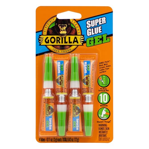 Gorilla Super Glue Gel, Clear Glue, Four 3 Gram Tubes (Pack of 2) - All Purpose and Fast Setting for Projects and Repairs