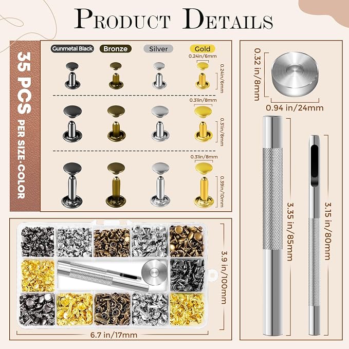 420 Sets Leather Rivets, Rivets for Leather Crafting, 4 Colors and 3 Sizes Leather Rivet Kit with 3pcs Leather Tools, Rivets for Fabric, Remaches para Cuero, Double Cap Brass Rivets for Decoration