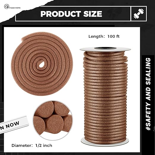MotiMind 1/2 Inch x 100 ft Foam Backer Rod for Gaps Joints Concrete Crack Filler Caulk Saver Bulk Foam Backing Rod Concrete Filler Rope for Weather Stripping Door Seal (Brown)