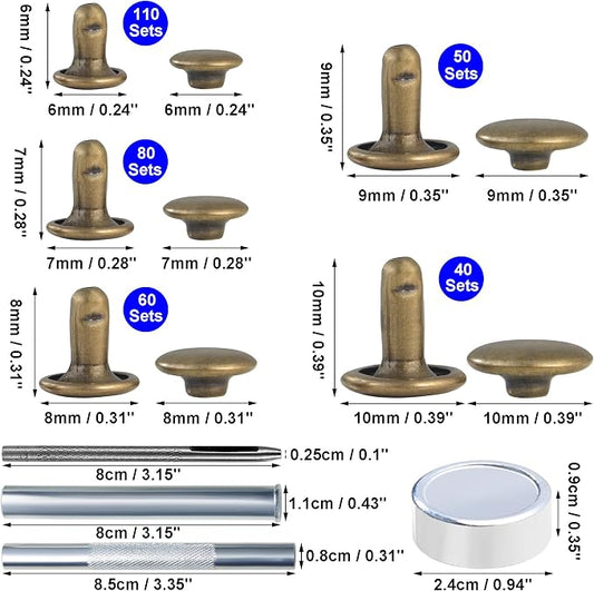 YORANYO 340 Sets Leather Rivets Kit Mixed Sizes Rivets for Leather Double Cap Rivets Studs for Clothing Fabric with Leather Crafting Rivet Tool for Repair Decorate Clothes Shoes Bags Belts (Bronze)