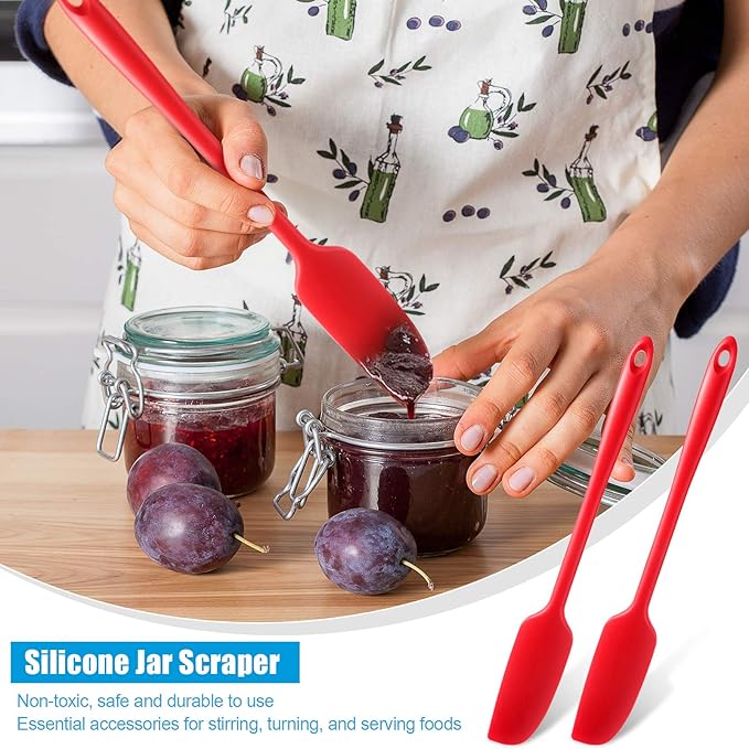 Patelai 2 Pieces Silicone Jar Spatula Long Handle Non-stick Rubber Scraper Heat Resistant Spatula Silicone Scraper for Jars, Smoothies, Blenders Cooking Baking Stirring Mixing Tools (Red)