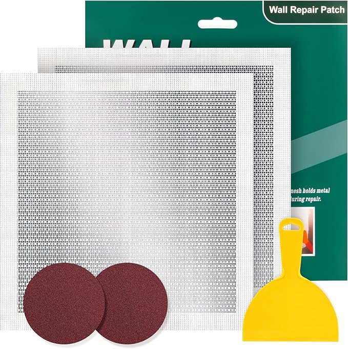 12 X 12 Inch Drywall Repair Kit - Heavy Duty Self-Adhesive Mesh Drywall Repair Patch for Large Holes in Wall and Ceiling, Wall Patch Repair Kit with Scraper and Sandpaper - Dry Wall Patch Kits