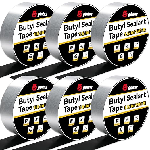 Bghdas - 6 Pack Butyl Sealant Tape 1 1/2" X 60' - Double Sided - Black Vapor Barrier Butyl Tape for Wall of Crawl Space, Rv Windows, Deck Boat, Crawlspace (Waterproof, Weatherproof)