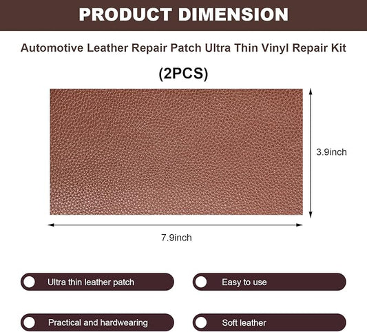 2 PCS Leather Repair Patch Tape, 4 x 8 Inch PU Vinyl Repair Patches for Car Upholstery Seat, Waterproof Self Adhesive Leather Tape Repair Kit for Furniture Couches Chairs (Dark Cooffe)