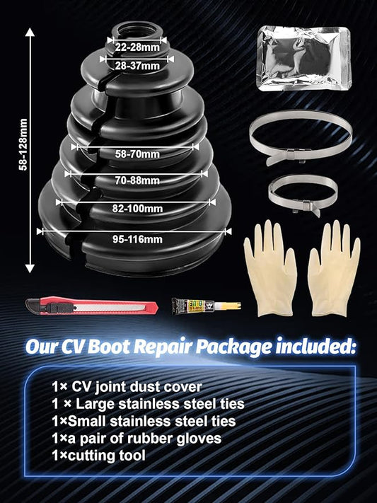 CVS18 CV Boot Split Constant Velocity Joint Gaiter Boot Replacement Kit, wear-Resistant CV Boot, Fits Shaft Size 22mm-28mm, 128mm Height, Includes 2 Stainless Steel CV Boot Clamp, Black
