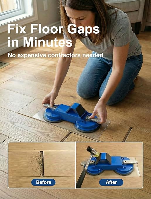 PlayMoon Floor Gap Fixer Tool, Heavy Duty Dual Suction Cup Floor Gap Repair Tool with Metal Levers for Laminate Flooring Engineered Hardwood and Vinyl Plank (Blue)