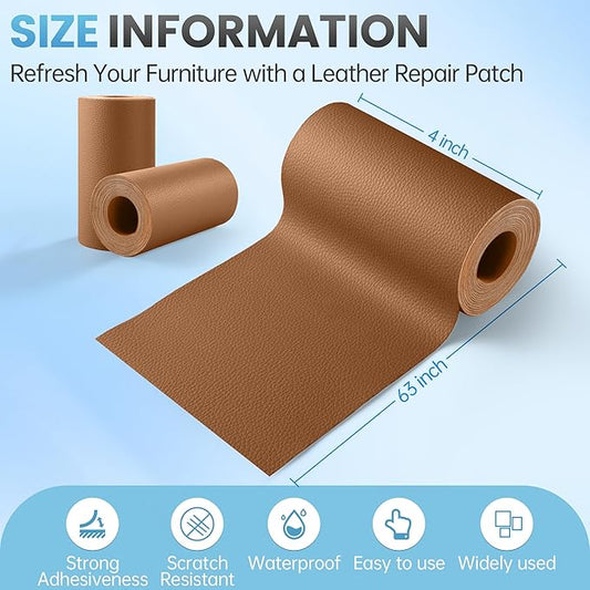 Leather Repair Patch Tape Kit, 4" x 63" Self Adhesive Leather Repair Patch for Furniture, Vinyl Leather Repair Kit for Car Seat, Chairs, Couch, Sofa, Boat Light Brown