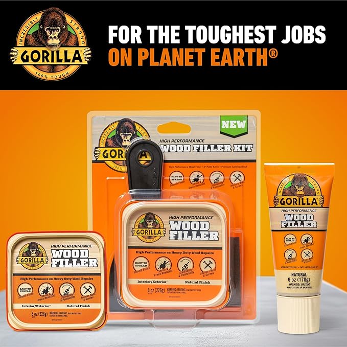 Gorilla All Purpose Wood Filler, Natural Color, 6 Ounce Tube (Pack of 1) - Water Resistant for Indoor or Outdoor Projects and Repairs