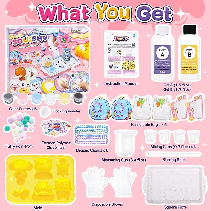 Crelloci Animal Taba Squishy Kit, 1:1 AB Liquid Silicone DIY Squishy Making Kit with 6 Animal Molds, Make Your Own Slow Rising Stress Relief Toys, Craft Kits for Kids & Adults