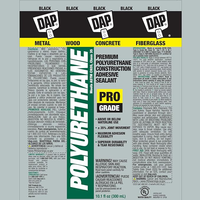 DAP Polyurethane Premium Construction Adhesive Sealant, Black, 10.1 Oz (7079818816)