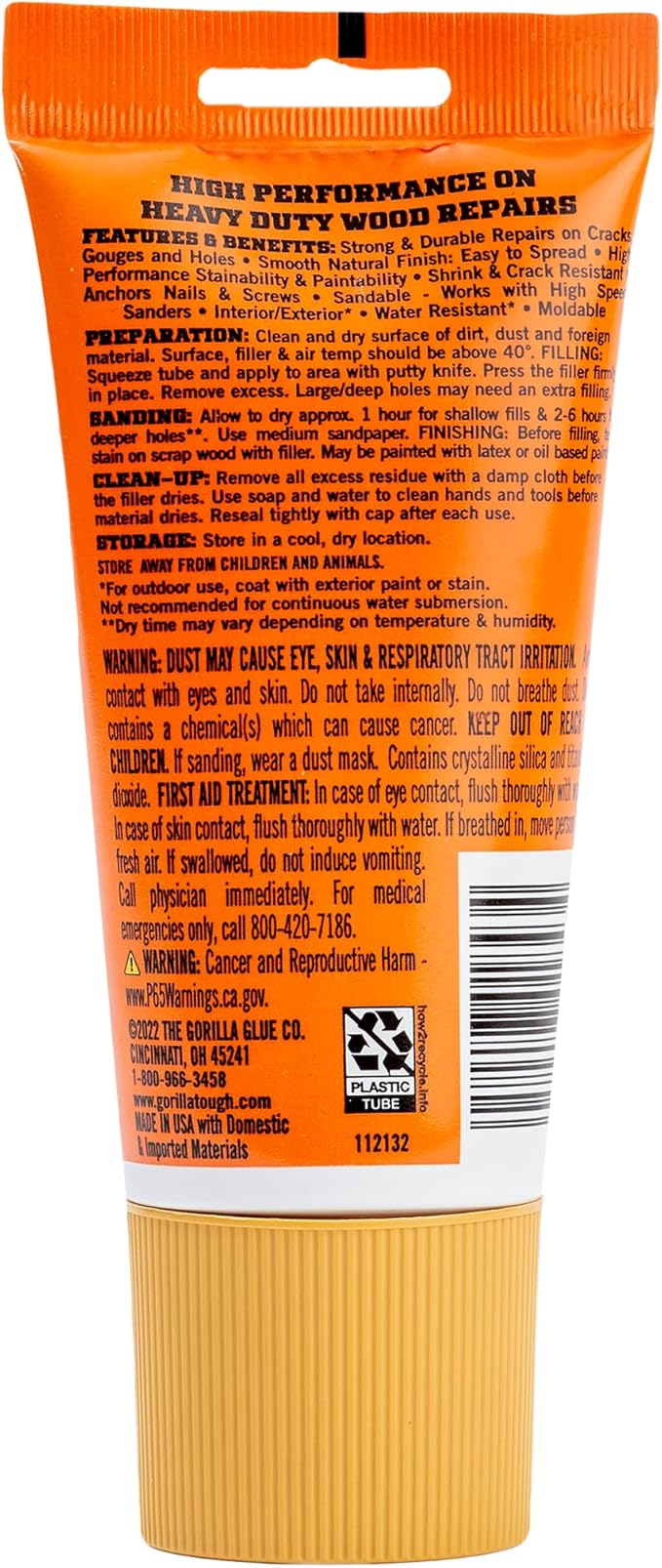 Gorilla All Purpose Wood Filler, Golden Oak Color, 6 Ounce Tube (Pack of 2) - Water Resistant for Indoor or Outdoor Projects and Repairs